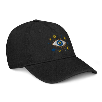 Greek Evil Eye Embroidered Denim Dad Hat - The Global Wanderer