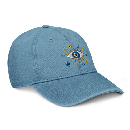 Greek Evil Eye Embroidered Denim Dad Hat - The Global Wanderer