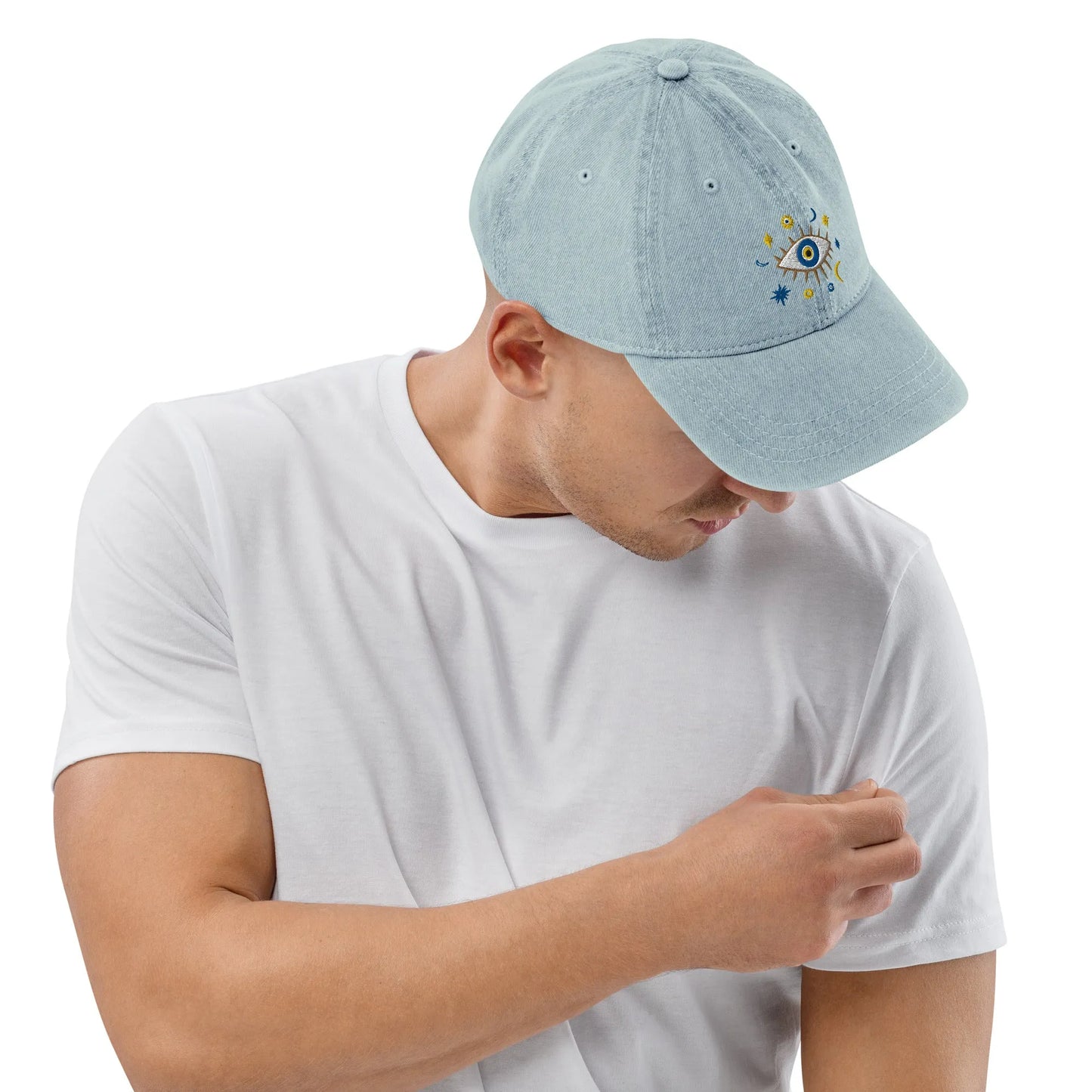 Greek Evil Eye Embroidered Denim Dad Hat - The Global Wanderer