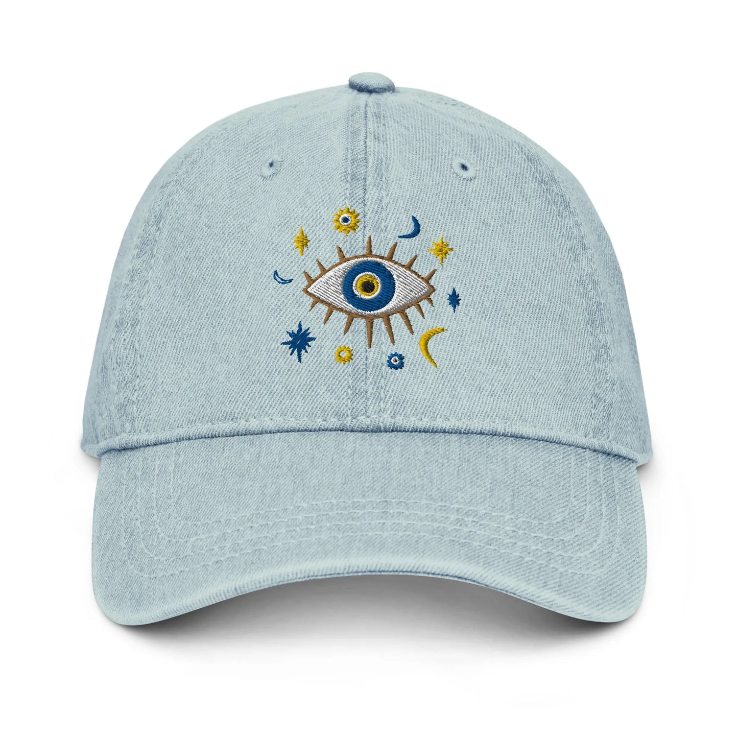 Greek Evil Eye Embroidered Denim Dad Hat - The Global Wanderer