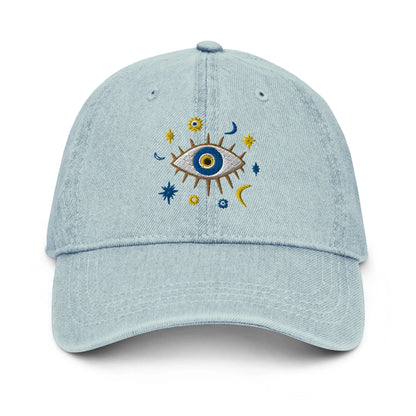 Greek Evil Eye Embroidered Denim Dad Hat - The Global Wanderer