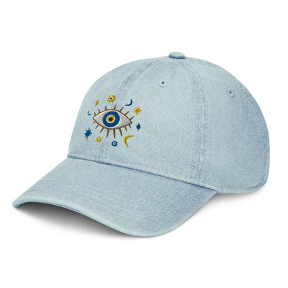 Greek Evil Eye Embroidered Denim Dad Hat - The Global Wanderer