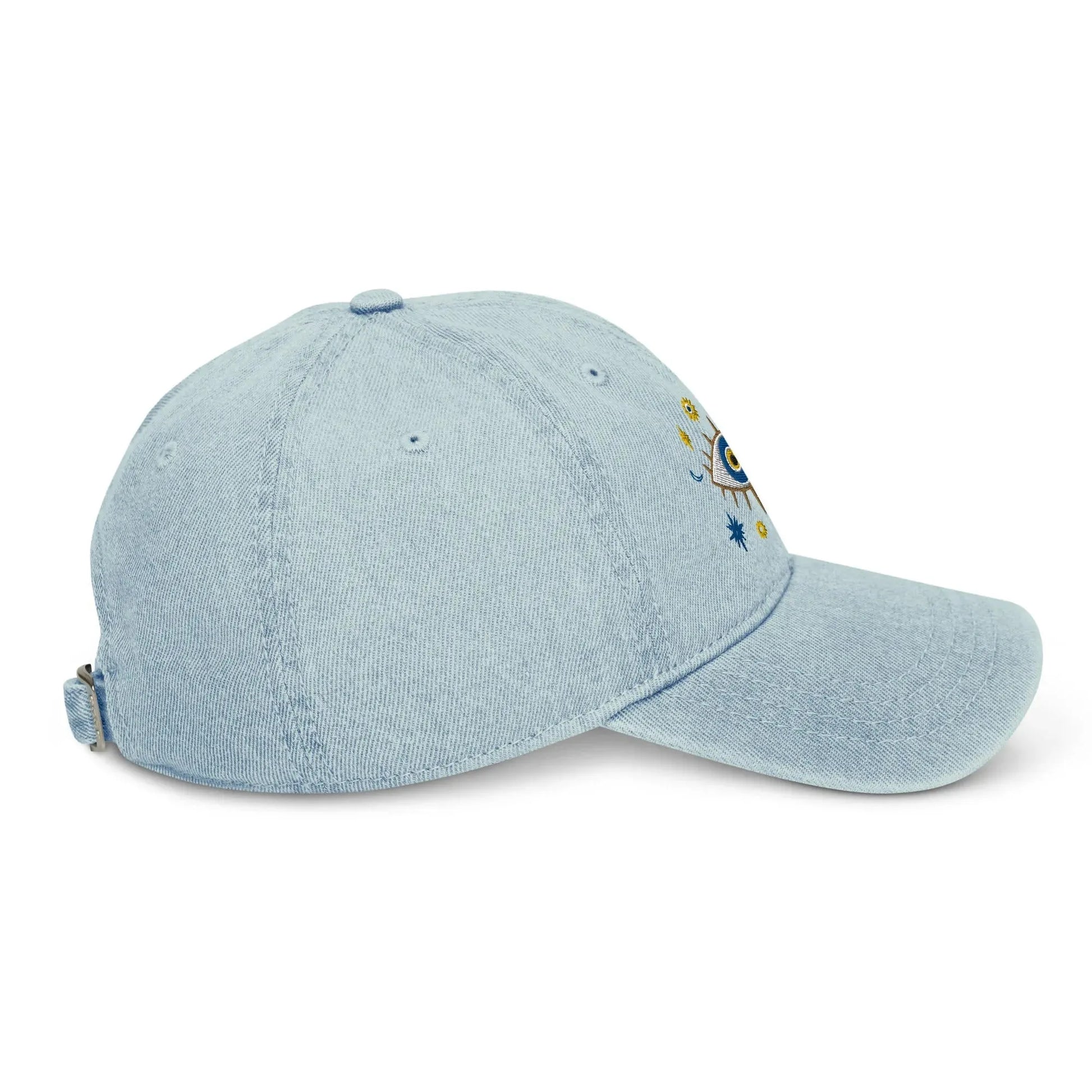 Greek Evil Eye Embroidered Denim Dad Hat - The Global Wanderer