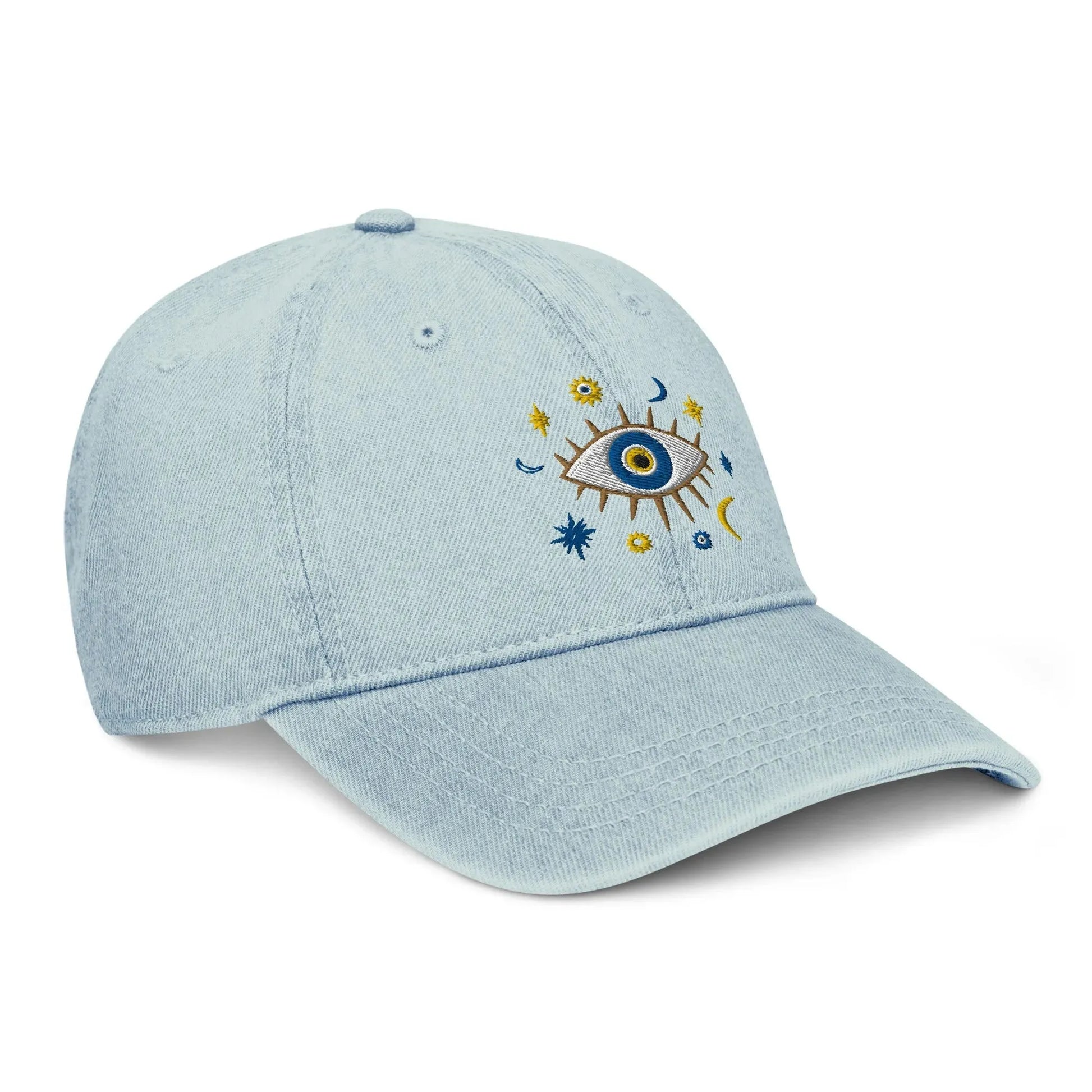 Greek Evil Eye Embroidered Denim Dad Hat - The Global Wanderer