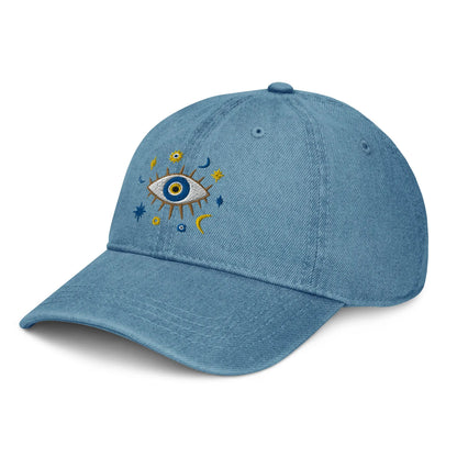 Greek Evil Eye Embroidered Denim Dad Hat - The Global Wanderer