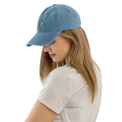 Greek Evil Eye Embroidered Denim Dad Hat - The Global Wanderer