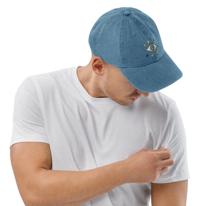 Greek Evil Eye Embroidered Denim Dad Hat - The Global Wanderer