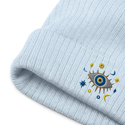 Greek Evil Eye Ribbed Embroidered Beanie - The Global Wanderer