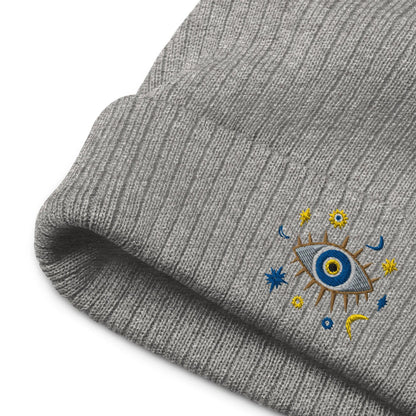 Greek Evil Eye Ribbed Embroidered Beanie - The Global Wanderer