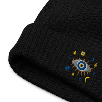 Greek Evil Eye Ribbed Embroidered Beanie - The Global Wanderer