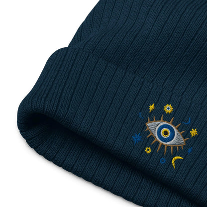 Greek Evil Eye Ribbed Embroidered Beanie - The Global Wanderer