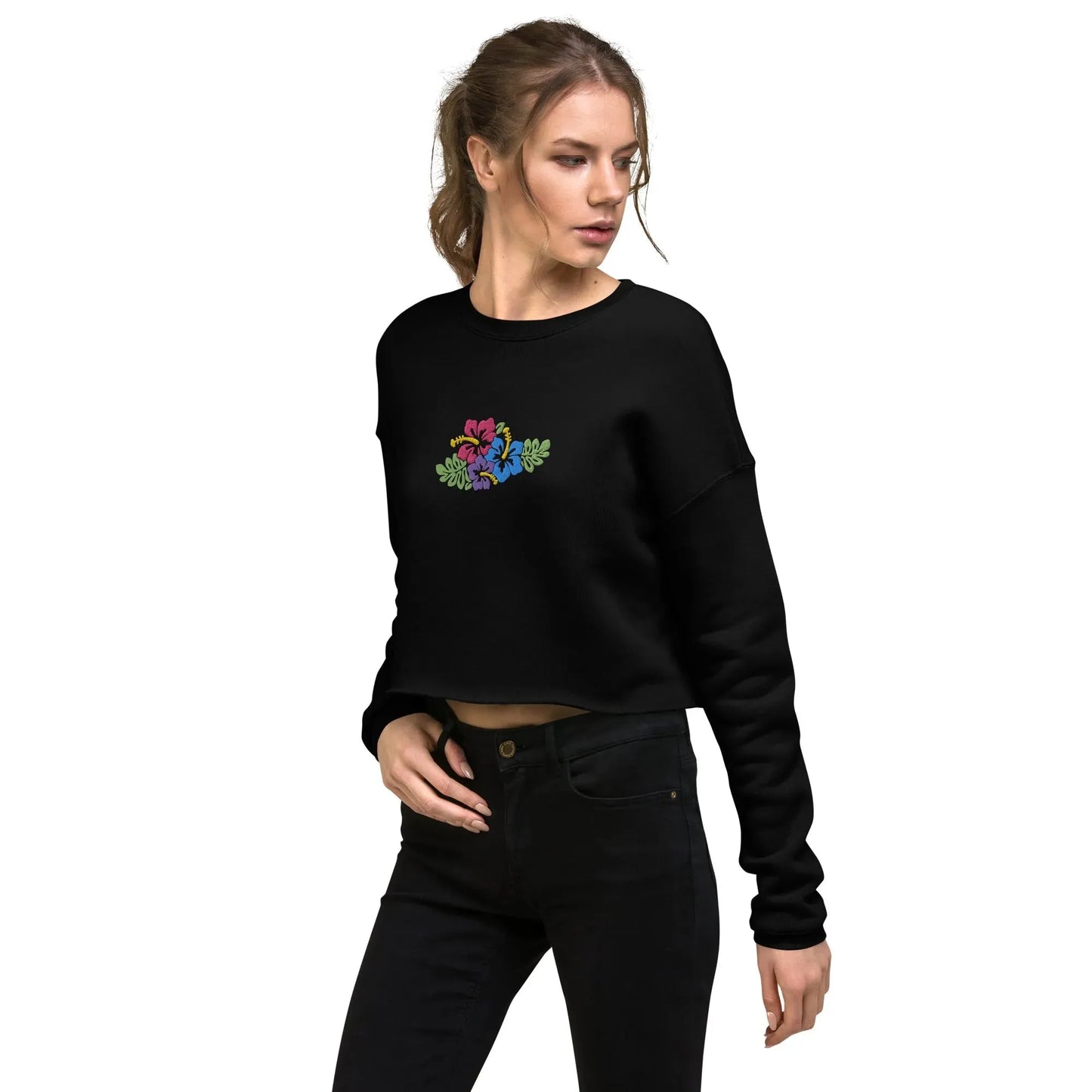 Hawaiian Tropical Leaves Embroidered Cropped Sweatshirt - The Global Wanderer