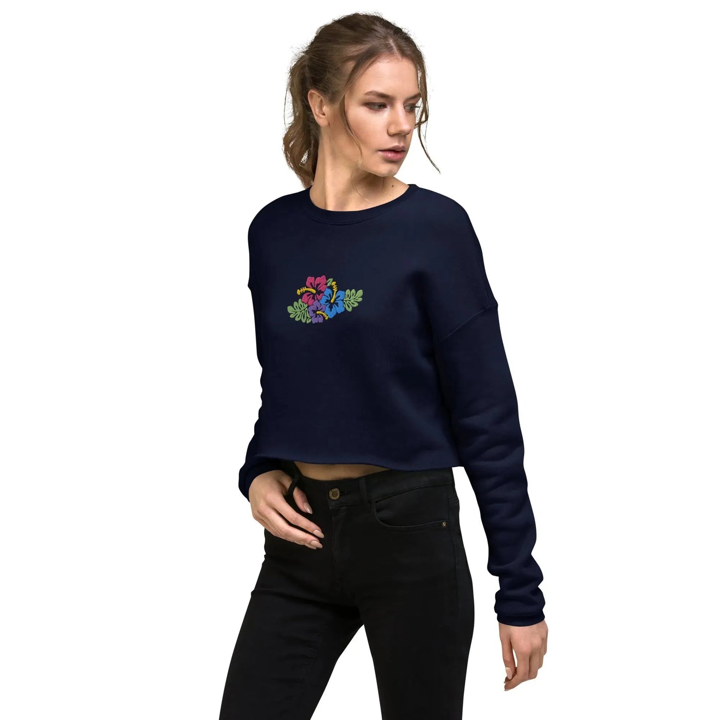 Hawaiian Tropical Leaves Embroidered Cropped Sweatshirt - The Global Wanderer