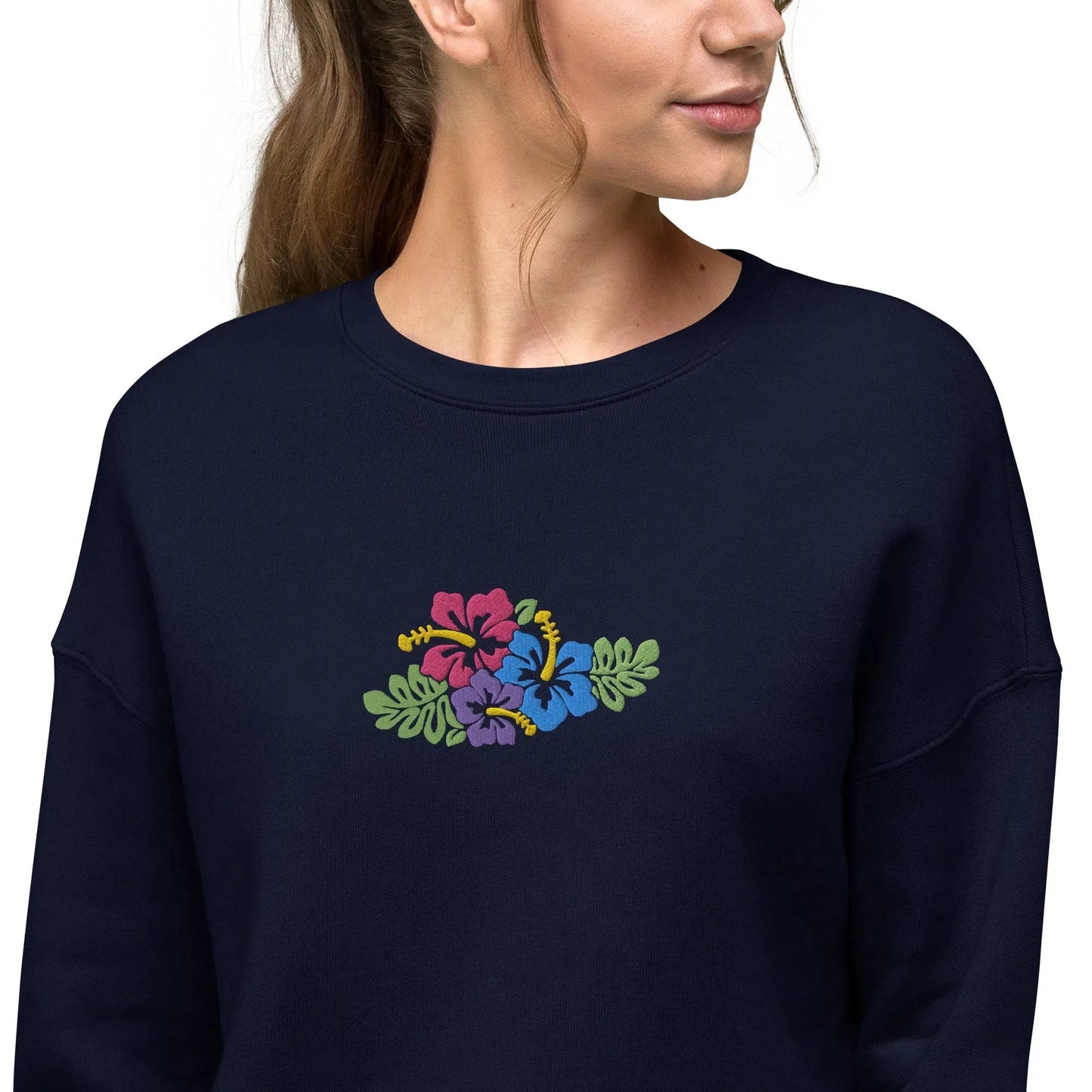 Hawaiian Tropical Leaves Embroidered Cropped Sweatshirt - The Global Wanderer