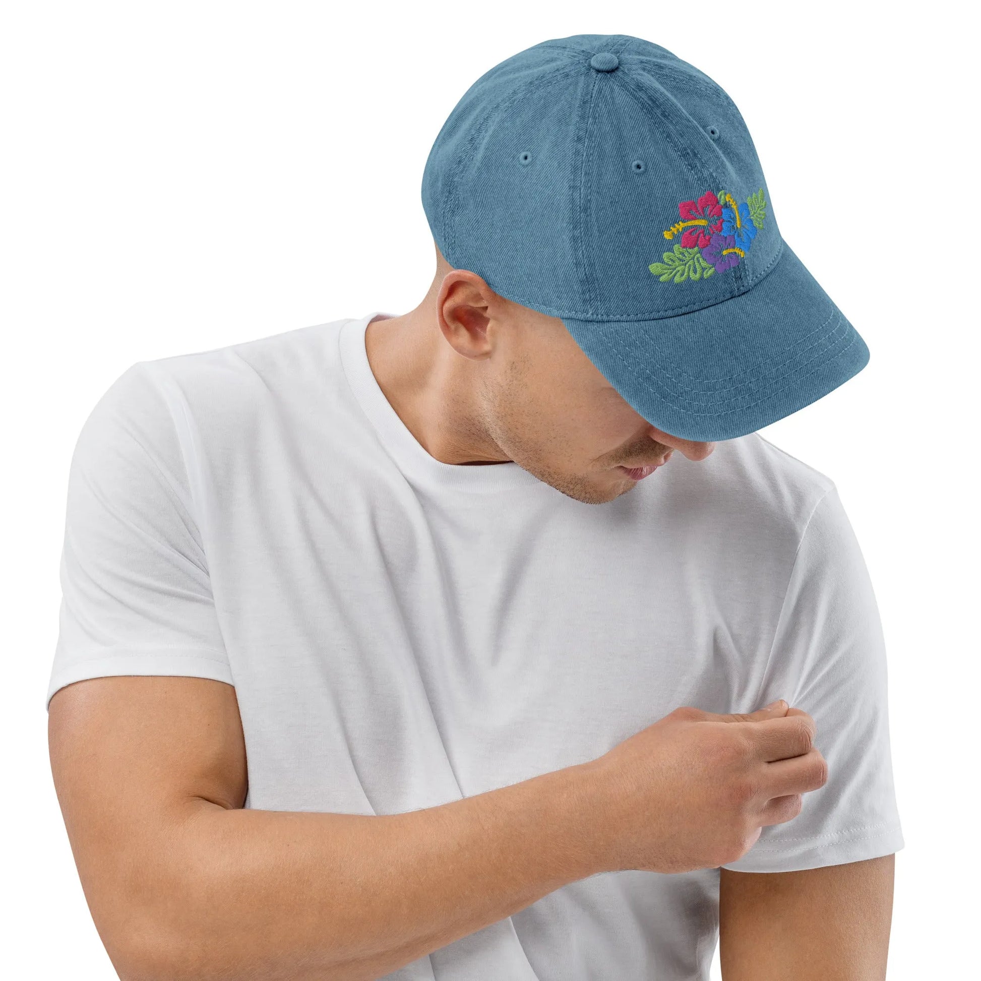 Hawaiian Tropical Leaves Embroidered Denim Dad Hat - The Global Wanderer