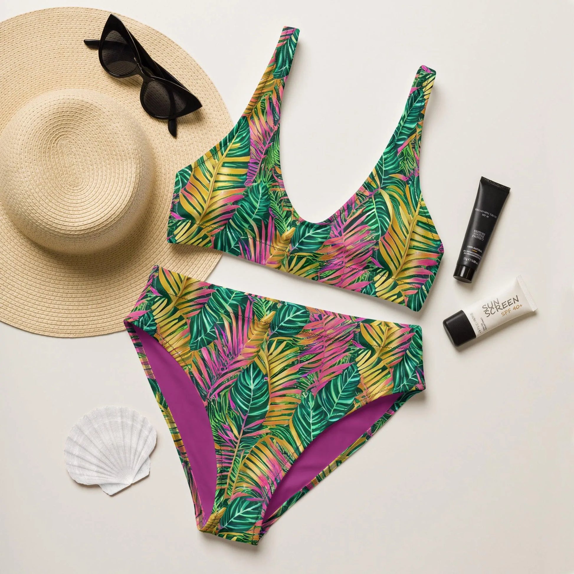 Hawaiian Tropical Leaves Recycled High-Waisted Bikini - The Global Wanderer