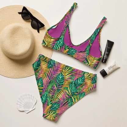 Hawaiian Tropical Leaves Recycled High-Waisted Bikini - The Global Wanderer