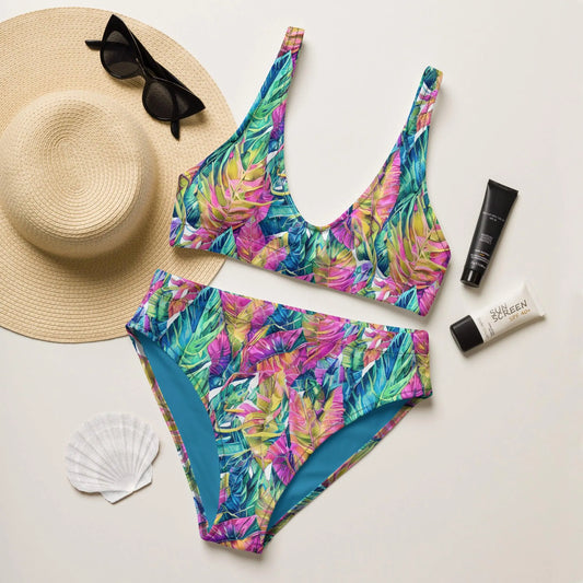 Hawaiian Tropical Leaves Recycled High-Waisted Bikini - The Global Wanderer