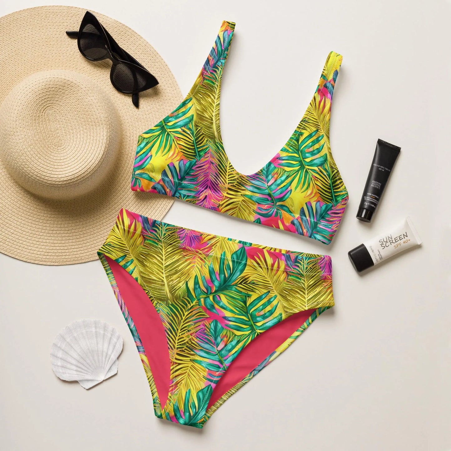 Hawaiian Tropical Leaves Recycled High-Waisted Bikini - The Global Wanderer