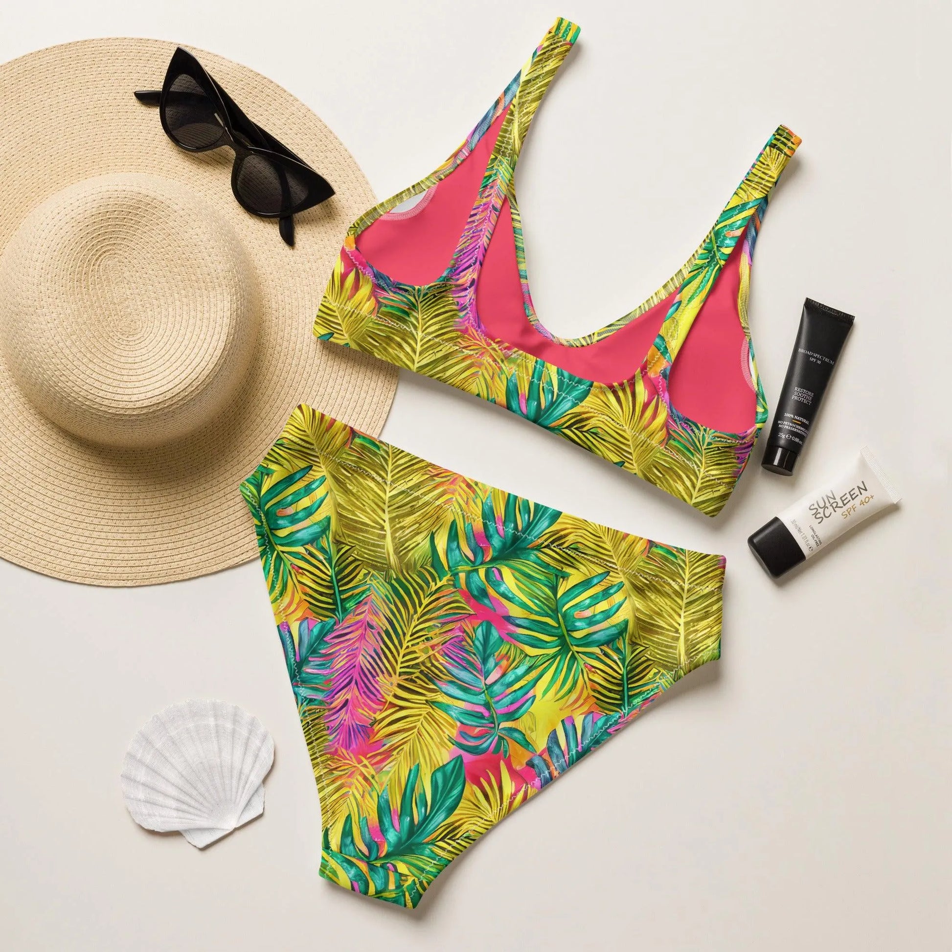 Hawaiian Tropical Leaves Recycled High-Waisted Bikini - The Global Wanderer