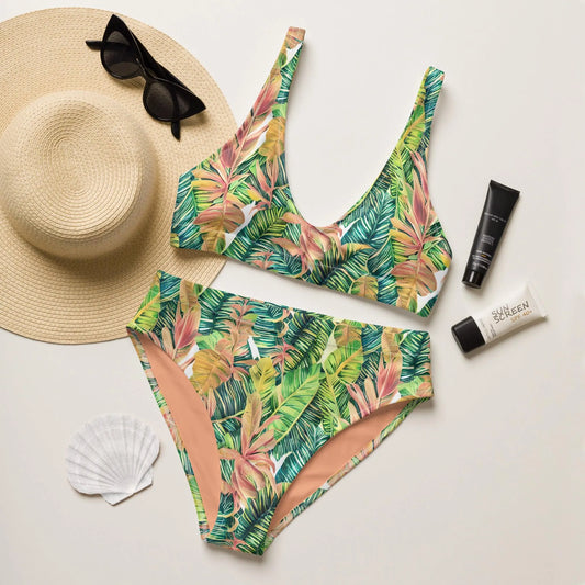 Hawaiian Tropical Leaves Recycled High-Waisted Bikini - The Global Wanderer