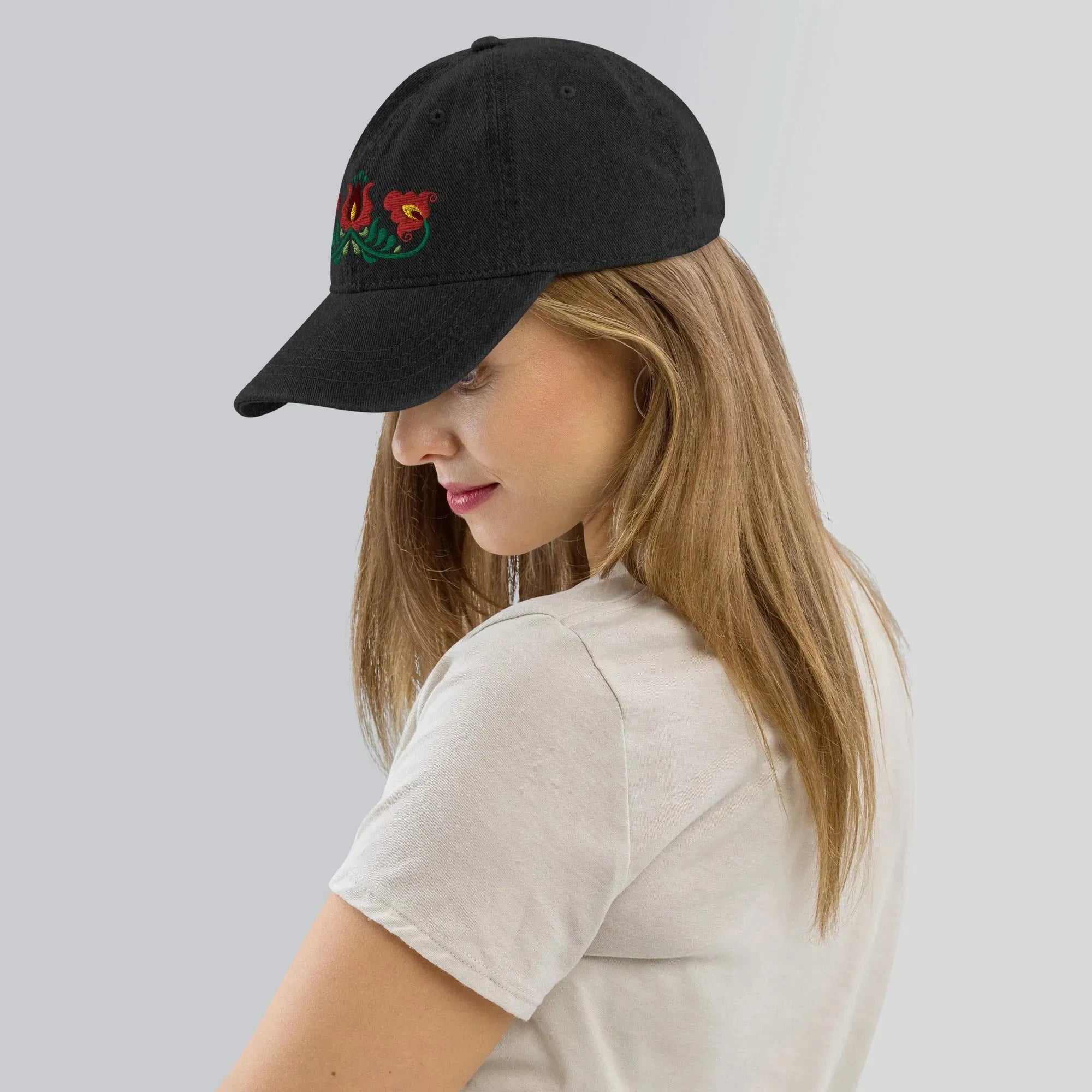 Hungarian Matyó Embroidered Denim Dad Hat - The Global Wanderer