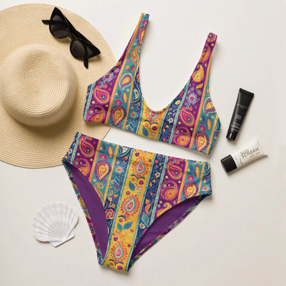 Indian Whimsical Paisley Recycled High-Waisted Bikini - The Global Wanderer