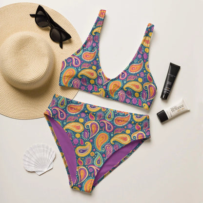 Indian Whimsical Paisley Recycled High-Waisted Bikini - The Global Wanderer