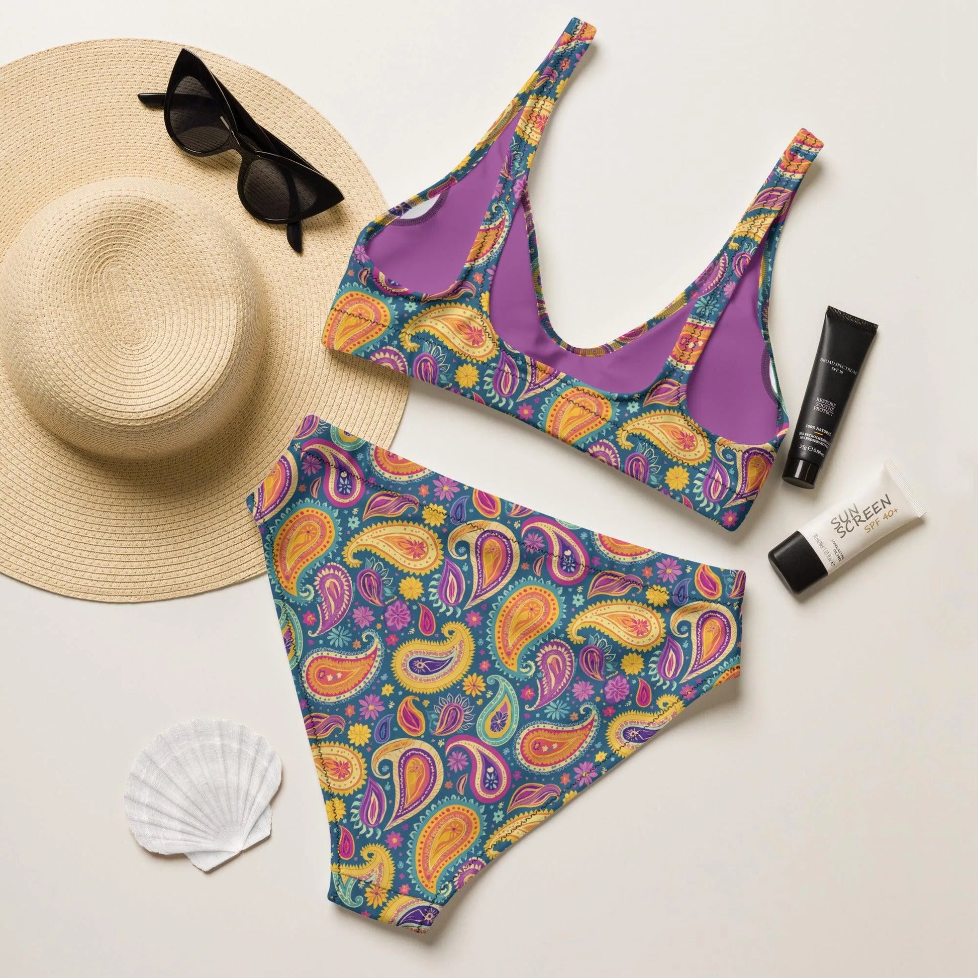 Indian Whimsical Paisley Recycled High-Waisted Bikini - The Global Wanderer