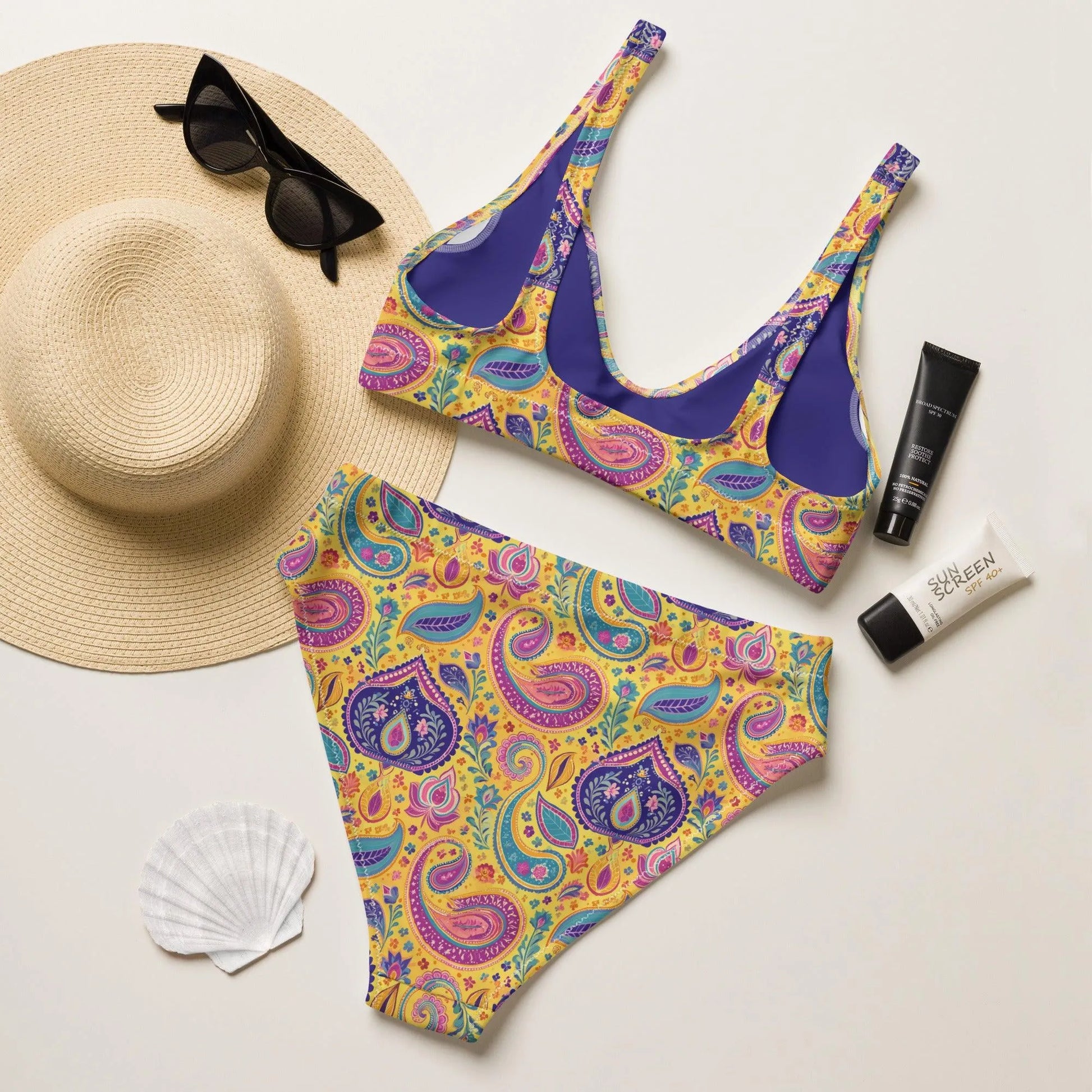 Indian Whimsical Paisley Recycled High-Waisted Bikini - The Global Wanderer