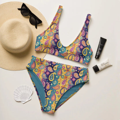 Indian Whimsical Paisley Recycled High-Waisted Bikini - The Global Wanderer