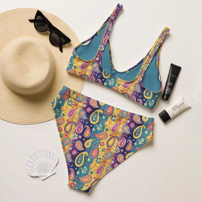 Indian Whimsical Paisley Recycled High-Waisted Bikini - The Global Wanderer