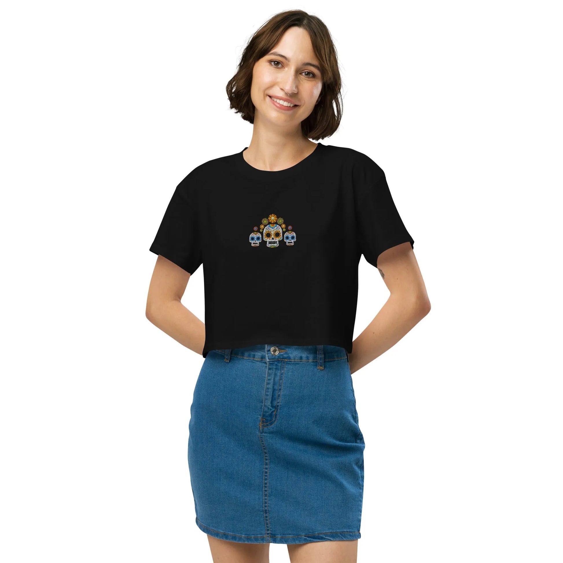 Mexican Day of the Dead Embroidered Cropped T-Shirt - The Global Wanderer