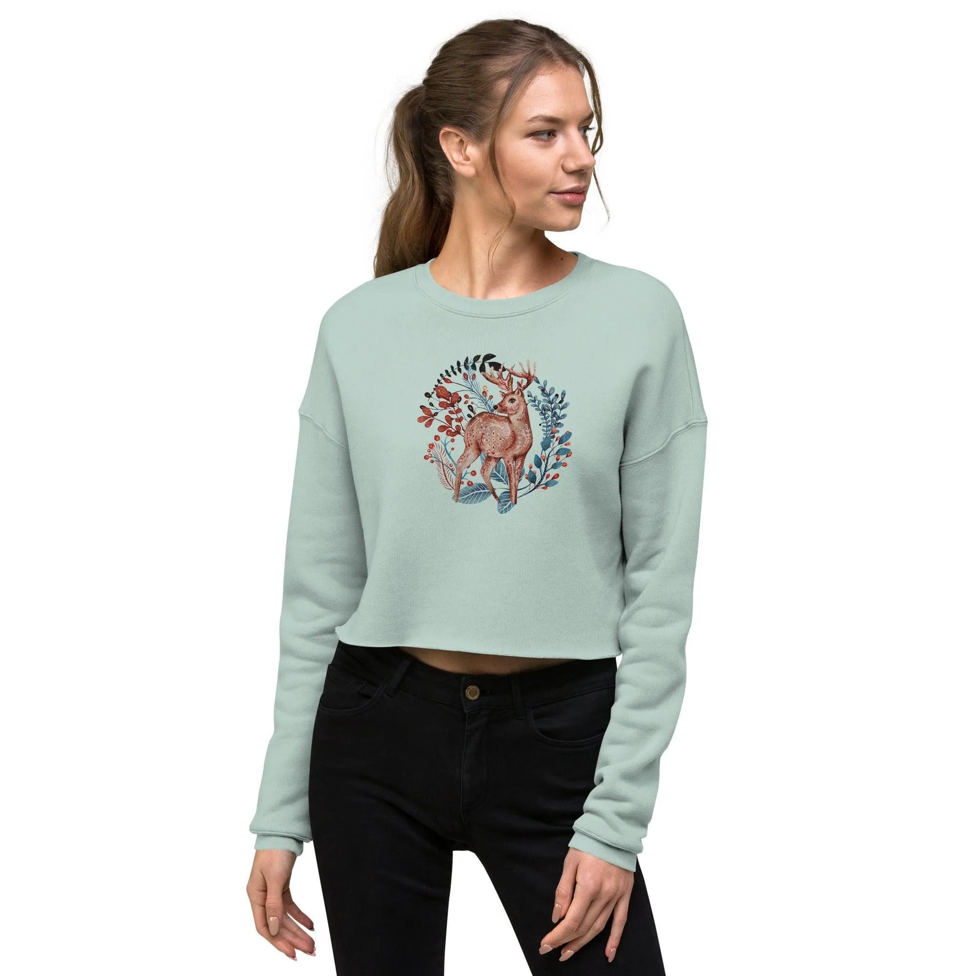 Nordic Winter Cropped Sweatshirt - Deer - The Global Wanderer