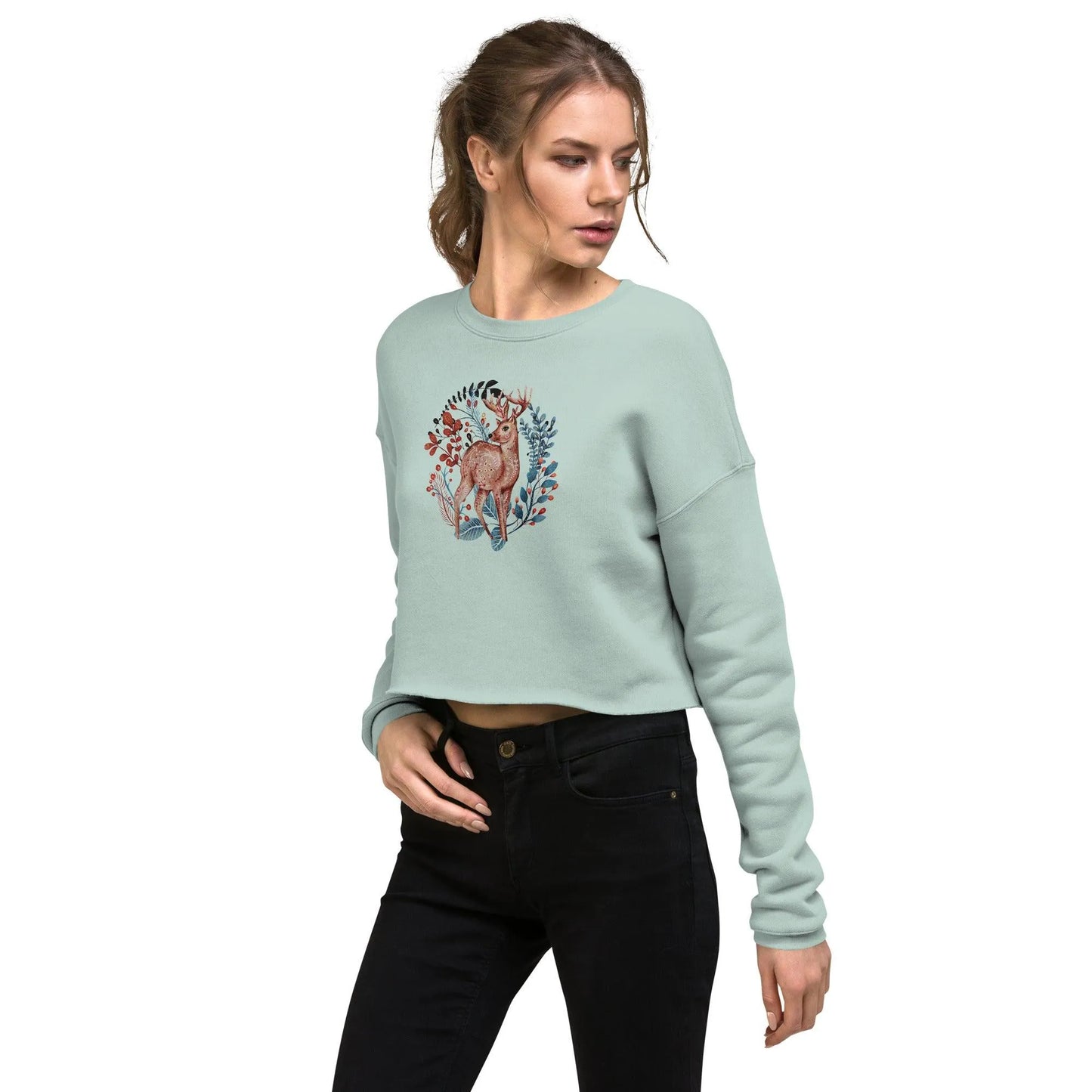 Nordic Winter Cropped Sweatshirt - Deer - The Global Wanderer