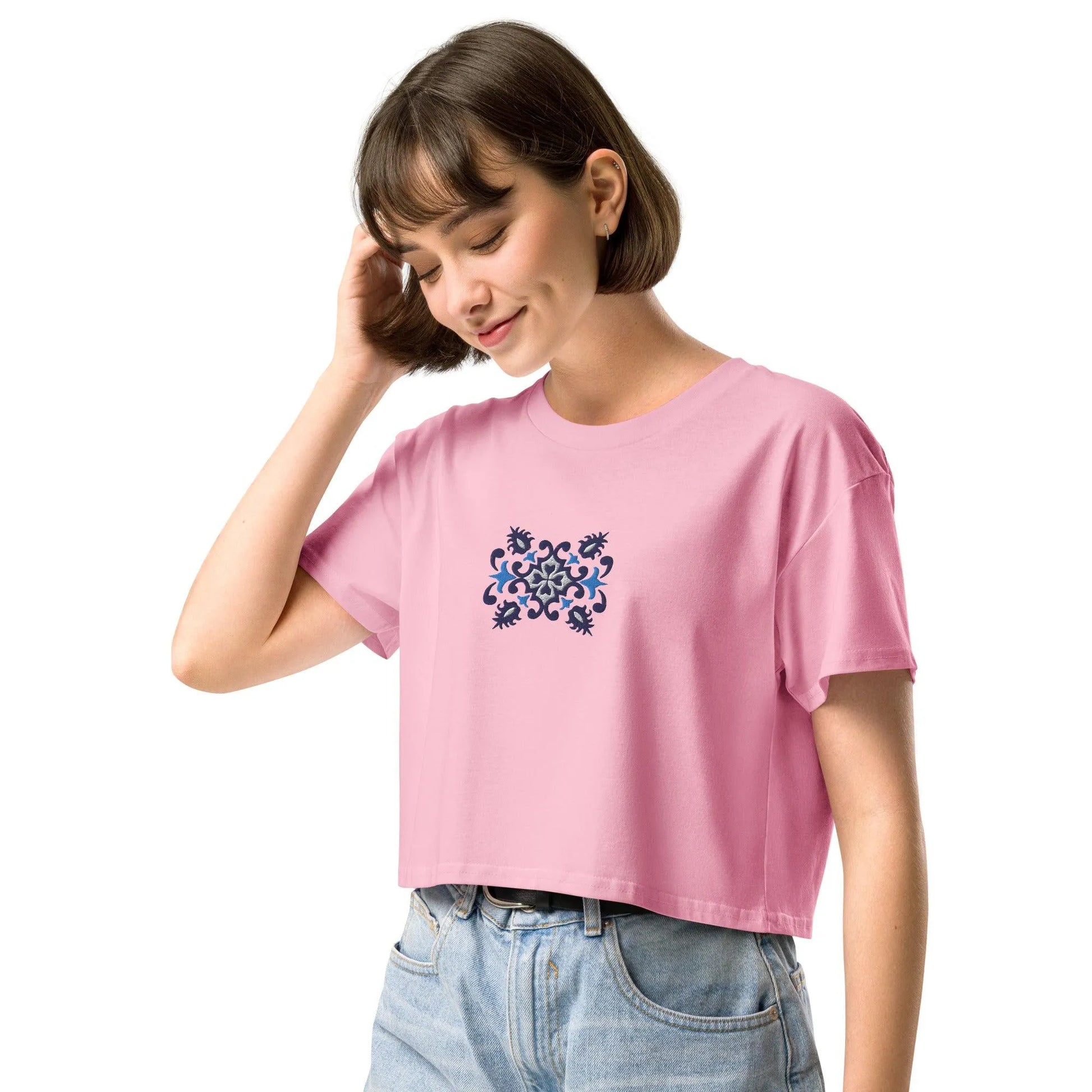 Portuguese Azulejo Tile Embroidered Cropped T-Shirt - The Global Wanderer