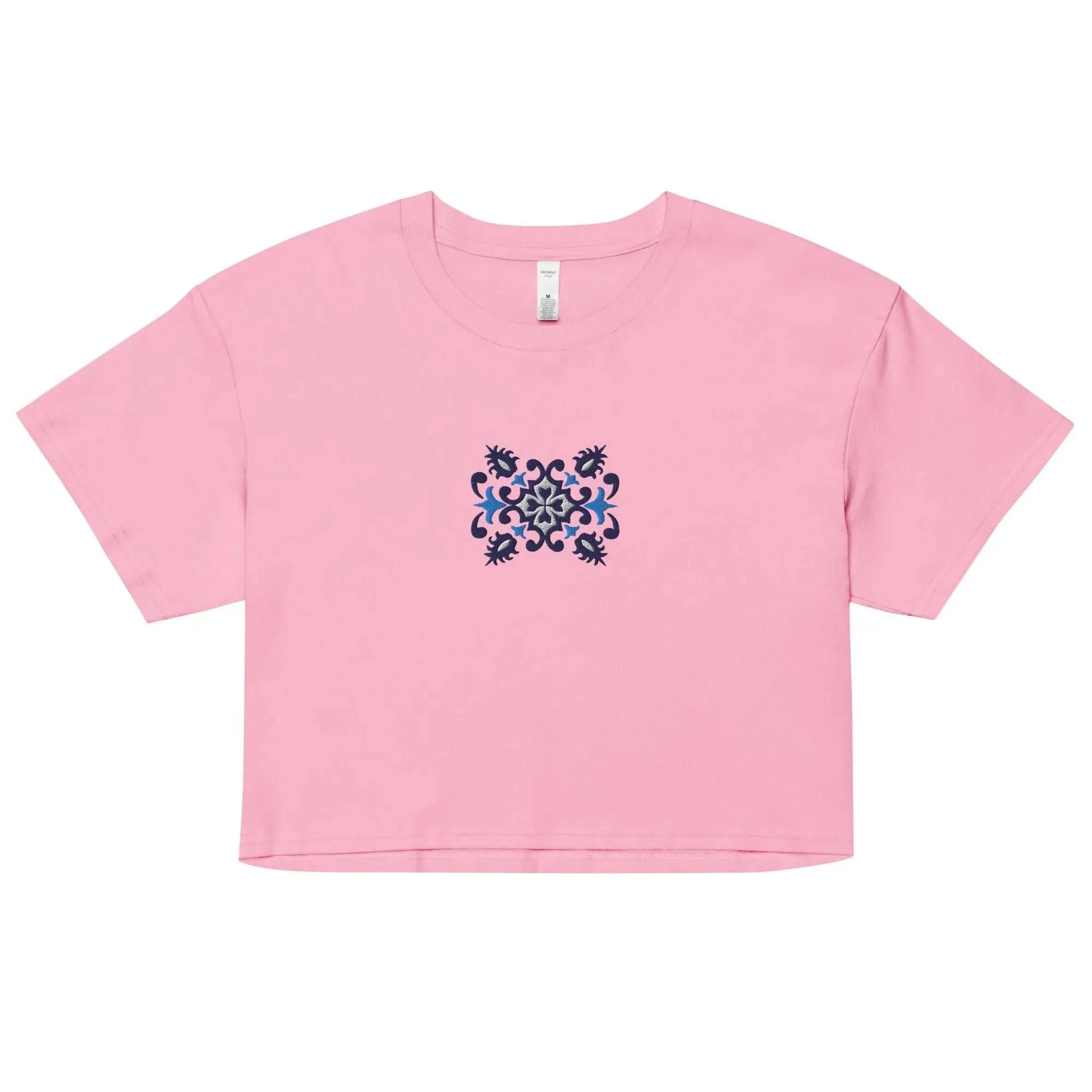 Portuguese Azulejo Tile Embroidered Cropped T-Shirt - The Global Wanderer