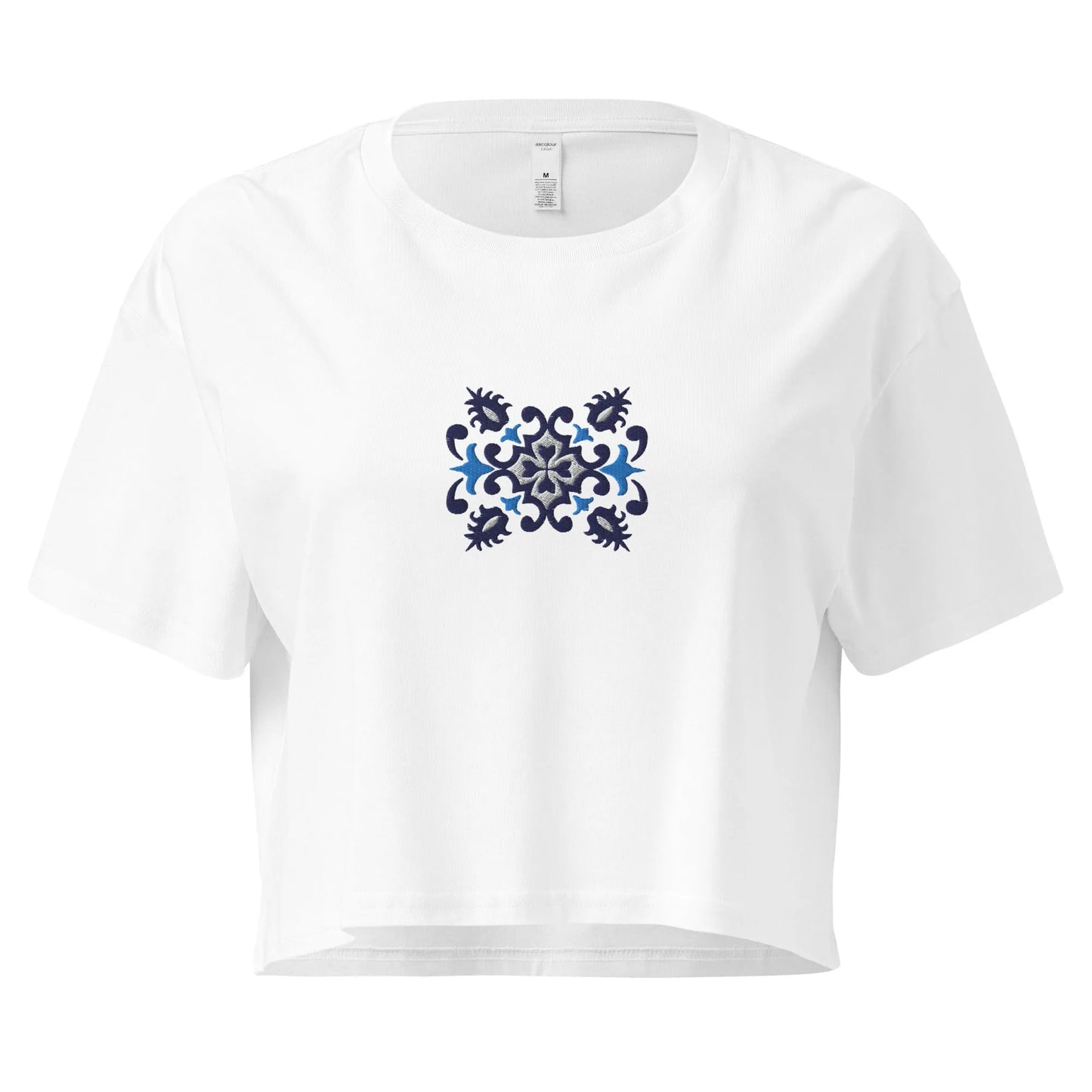 Portuguese Azulejo Tile Embroidered Cropped T-Shirt - The Global Wanderer