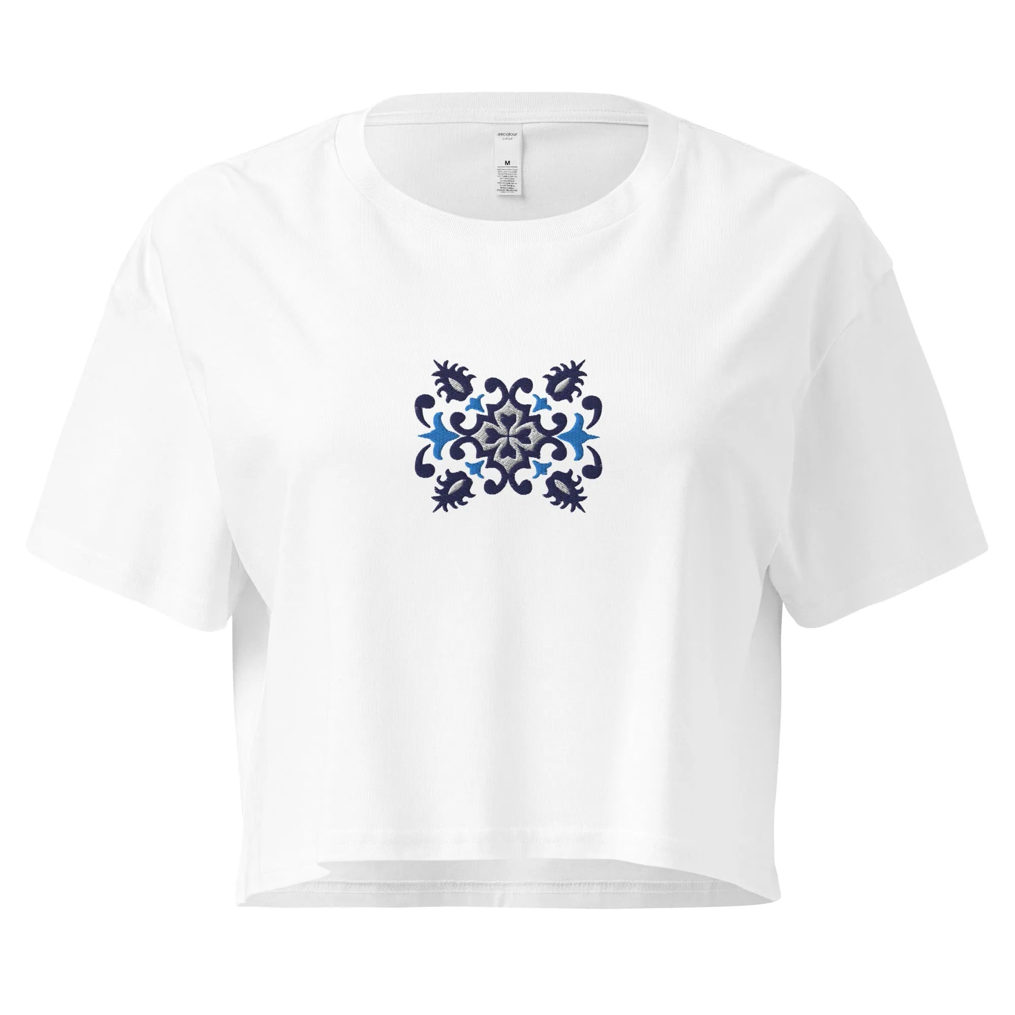 Portuguese Azulejo Tile Embroidered Cropped T-Shirt - The Global Wanderer