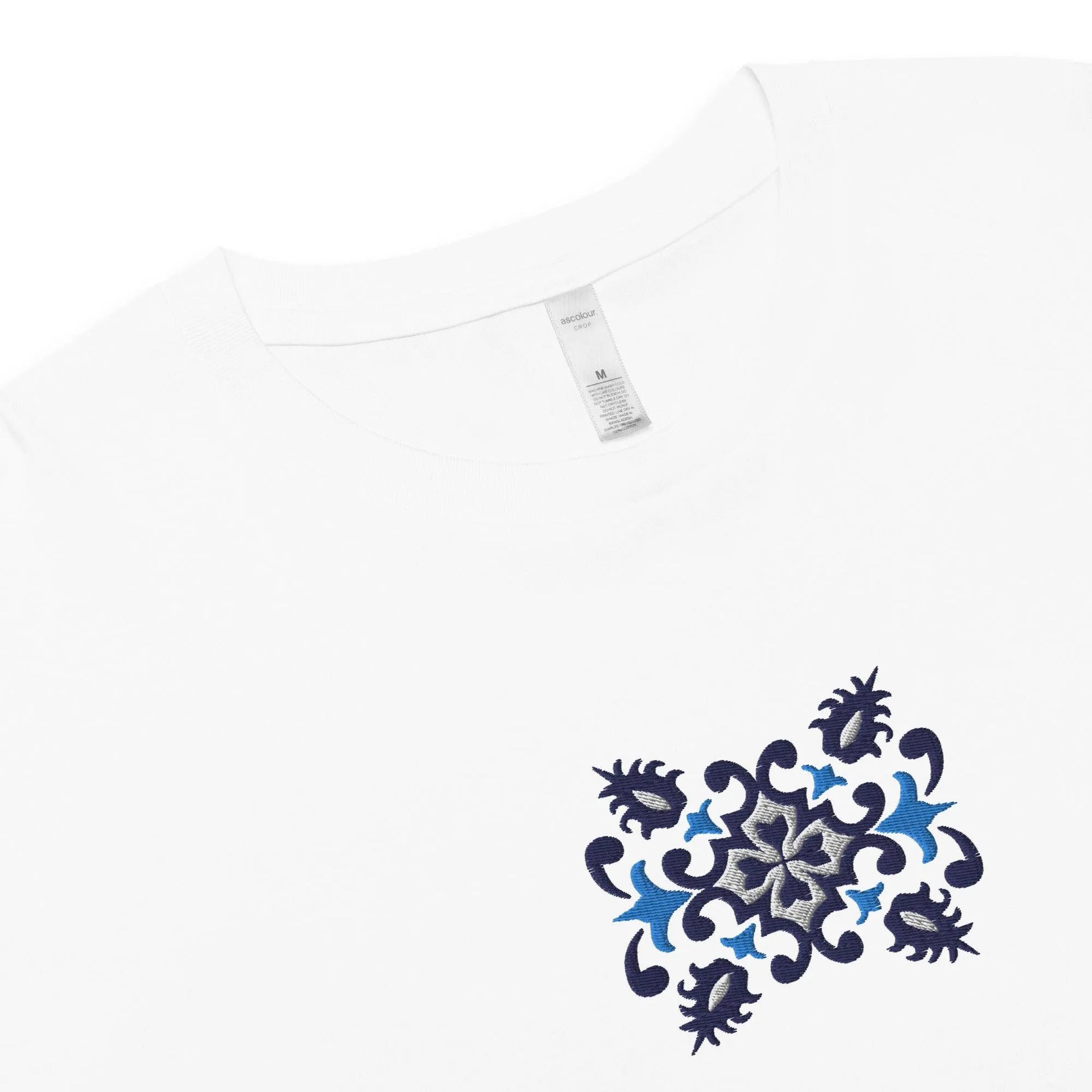 Portuguese Azulejo Tile Embroidered Cropped T-Shirt - The Global Wanderer