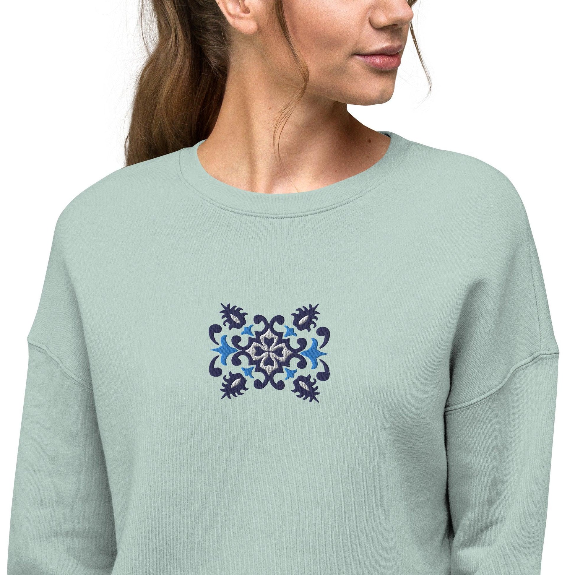 Portuguese Azulejo Tile Motif Cropped Sweatshirt - The Global Wanderer