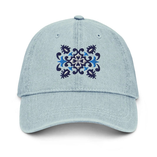 Portuguese Azulejo Tile Motif Embroidered Denim Dad Hat - The Global Wanderer