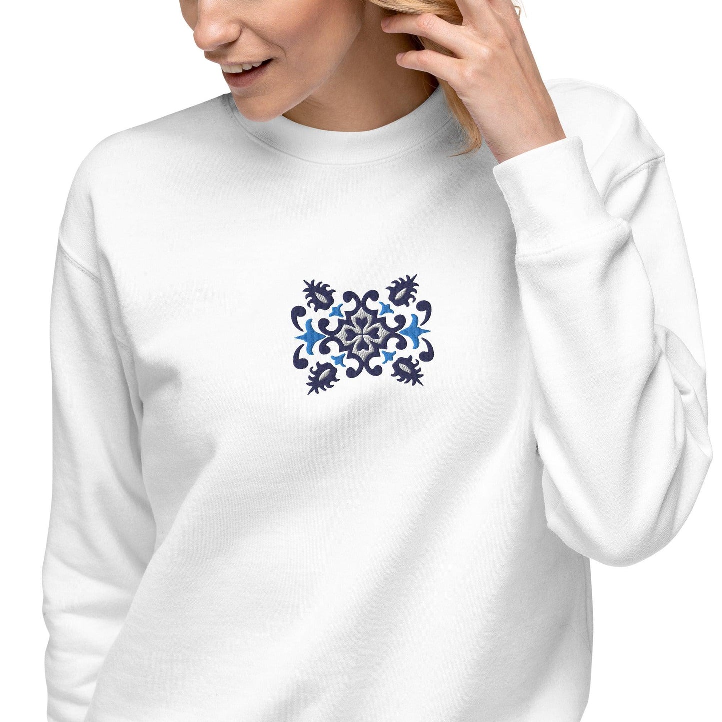 Portuguese Azulejo Tile Motif Embroidered Sweatshirt - The Global Wanderer