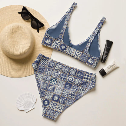 Portuguese Azulejo Tile Recycled High-Waisted Bikini - The Global Wanderer