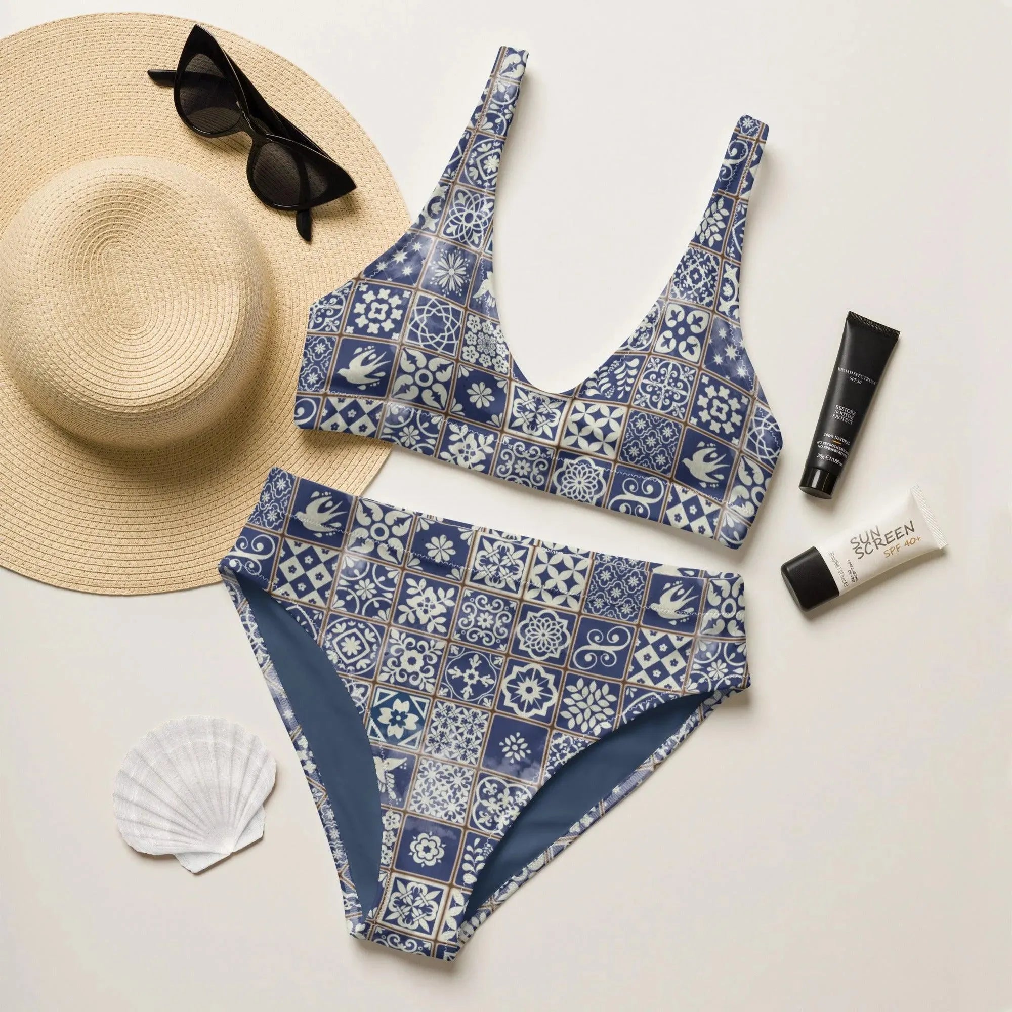 Portuguese Azulejo Tile Recycled High-Waisted Bikini - The Global Wanderer