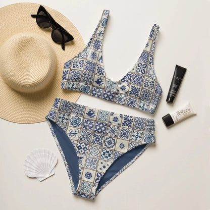 Portuguese Azulejo Tile Recycled High-Waisted Bikini - The Global Wanderer