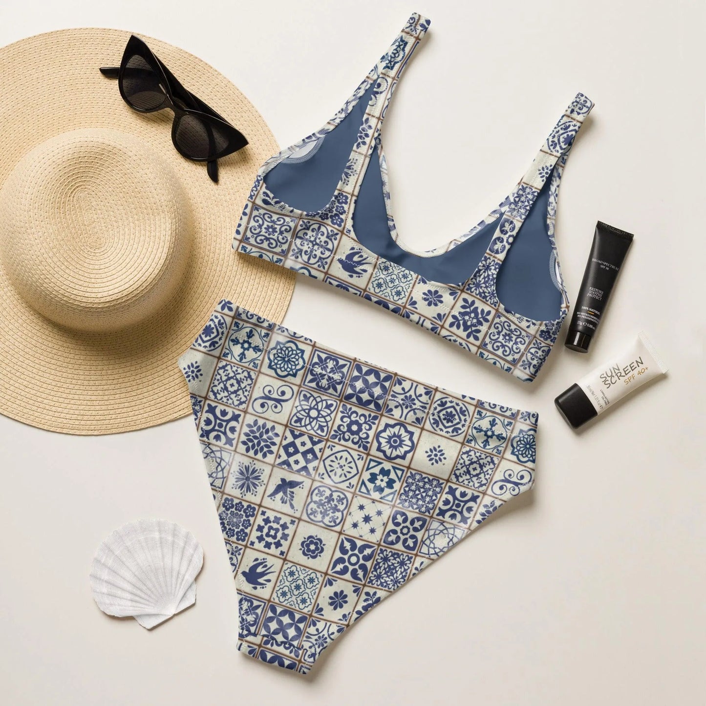 Portuguese Azulejo Tile Recycled High-Waisted Bikini - The Global Wanderer