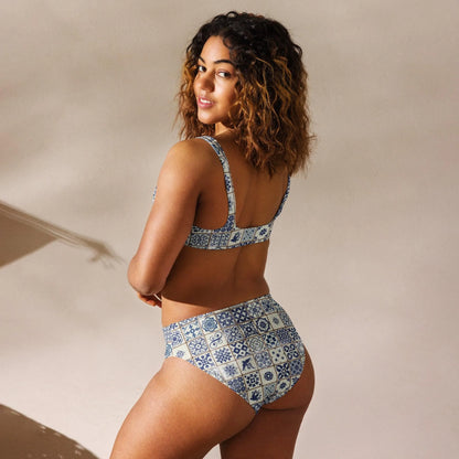 Portuguese Azulejo Tile Recycled High-Waisted Bikini - The Global Wanderer