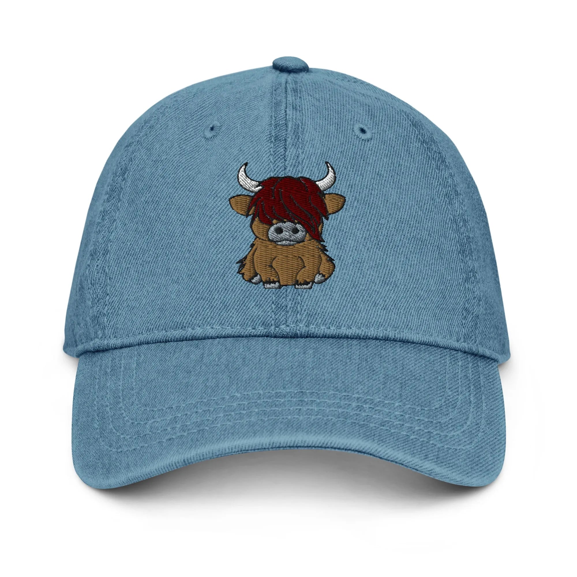 Scottish Highland Cow Embroidered Denim Dad Hat - The Global Wanderer