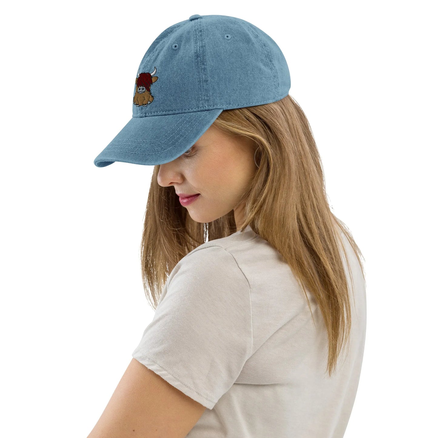 Scottish Highland Cow Embroidered Denim Dad Hat - The Global Wanderer